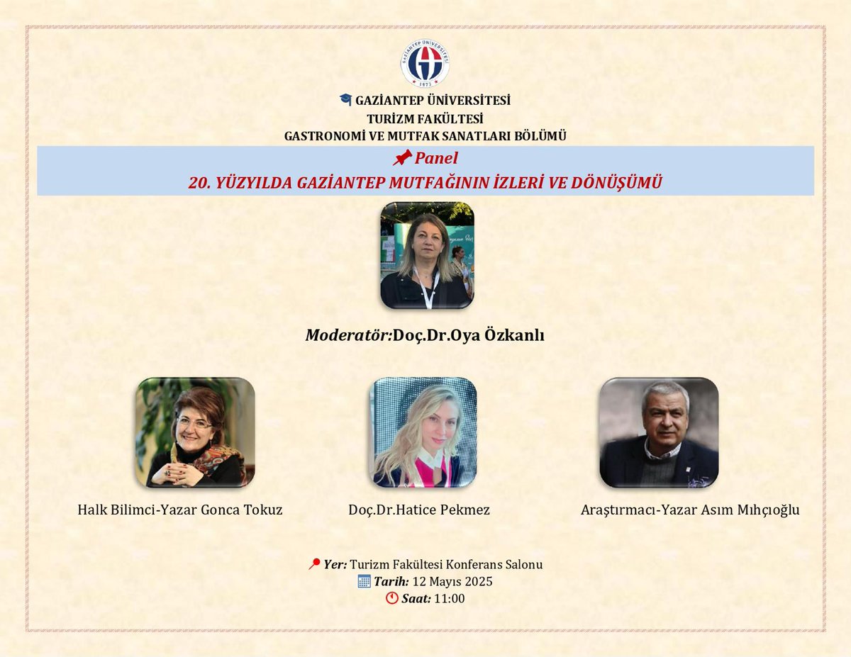 Gaziantep mutfağının zengin geçmişini ve 20. yüzyıldaki dönüşümünü uzmanlarından dinleyeceğimiz bu panele, tüm öğrencilerimizi bekliyoruz✨