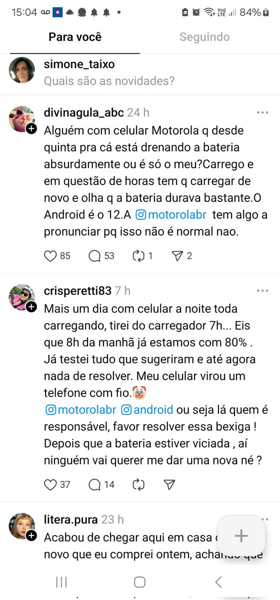 simone_taixo's tweet photo. @AndroidDevBrOrg  @AndroidDev  @Moto_Support @MotorolaBR  @XiaomiBrasil  o celular da minha mãe e meu sobrinho essa semana começou a descarregar em minutos e leva um dia inteiro para carregar. Resolvam aí? Tem pessoas comprando novo celular e está do mesmo jeito 😱🤡 https://t.co/XPrDvXwqOS
