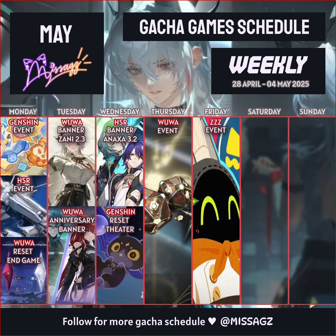 [18th week] Zani is here! Let’s unleash the power of Spectro and let this mysterious force guide us through the battlefield. 🔥✨
#ZANI #GenshinImpact #HonkaiStarRail #WutheringWaves #ZenlessZoneZero #gacha #news #gachaplanner #SCHEDULE