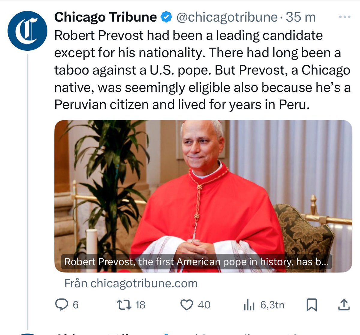 Nya (medie)tider: Det tog hela 18 minuter för Chicago Tribune att efter ”BREAKING”-posten om ny påve uppdatera med att påven faktiskt kommer från… Chicago. Det renderar överkorsad 🐝 i min bok.