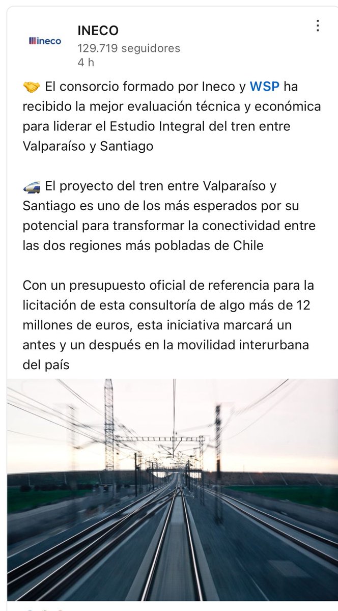 La empresa pública <a href="/Ineco_es/">Ineco</a> liderará el Estudio integral del tren entre Valparaíso y Santiago, en Chile. La industria ferroviaria española lidera en el mundo.
