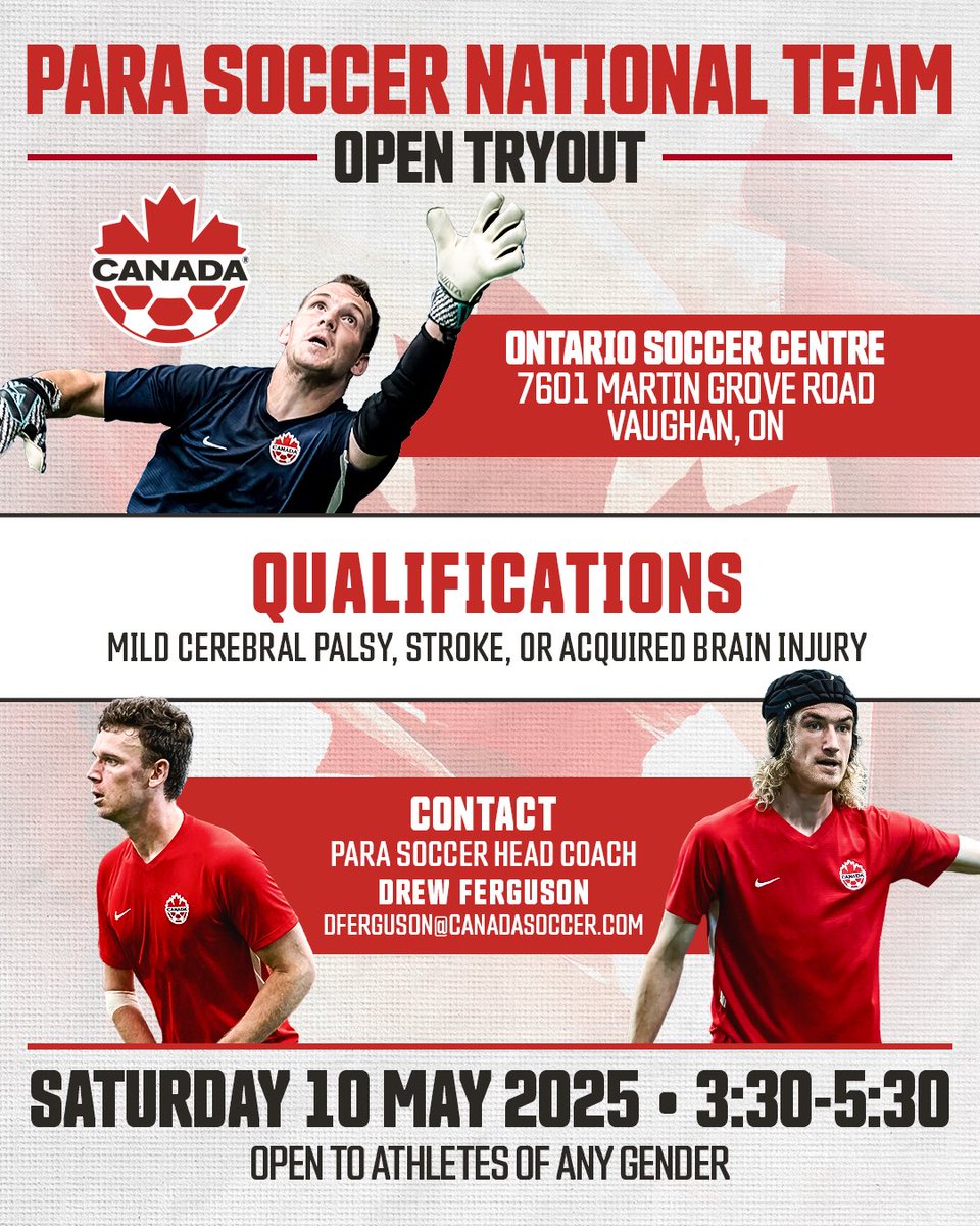 Canada Soccer (@canadasocceren) on Twitter photo 🚨 #CanPara Soccer open tryouts are taking place this Saturday May 10th in Vaughan, ON!
Contact dferguson@canadasoccer.com for more information! 🚨 #CanPara Soccer open tryouts are taking place this Saturday May 10th in Vaughan, ON!
Contact dferguson@canadasoccer.com for more information!