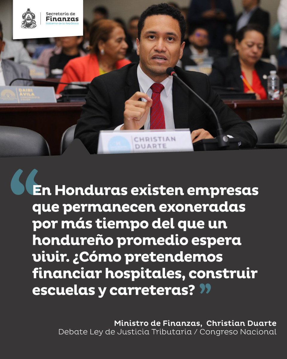 SEFINHN (@sefinhn) on Twitter photo "Hay regímenes en este país que permiten que una empresa no pague impuestos por cerca de 84 años. ¡Debería darles vergüenza!"
Ministro <a href="/ChristianDCHn/">Christian Duarte</a>
Debate para la aprobación de la Ley de #JusticiaTributaria en el <a href="/Congreso_HND/">Congreso Nacional de Honduras</a> "Hay regímenes en este país que permiten que una empresa no pague impuestos por cerca de 84 años. ¡Debería darles vergüenza!"
Ministro <a href="/ChristianDCHn/">Christian Duarte</a>
Debate para la aprobación de la Ley de #JusticiaTributaria en el <a href="/Congreso_HND/">Congreso Nacional de Honduras</a>