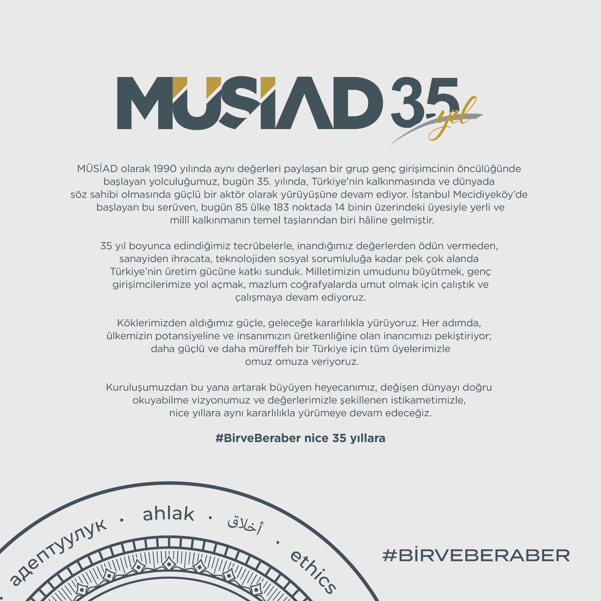MÜSİAD 35 Yaşında!

1990 yılında aynı değerleri paylaşan bir grup genç girişimcinin öncülüğünde başlayan bu yolculuk, bugün 85 ülke 183 noktada 14 bini aşkın üyemizle Türkiye’nin kalkınmasında güçlü bir aktör olarak sürüyor.

35 yıldır yerli ve millî kalkınmanın temellerini