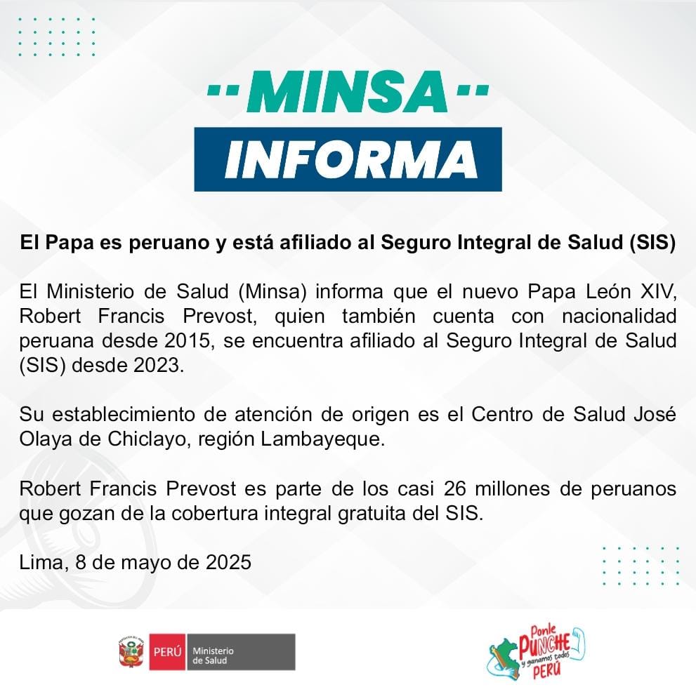 Minsa_Peru's tweet photo. El Papa es peruano y está afiliado al @SISPeruOficial. https://t.co/5WGAPa7BHZ