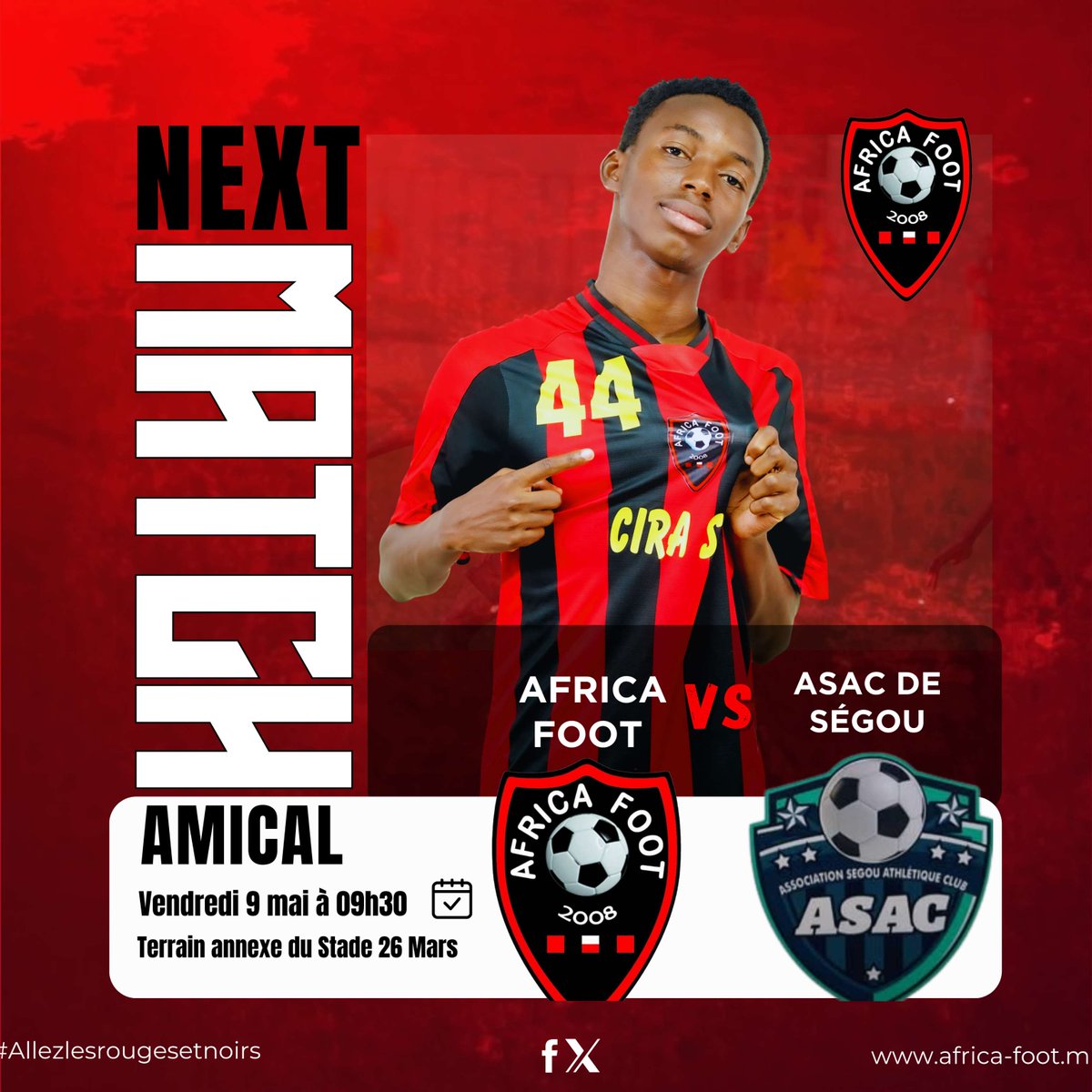 AfricaFootMali1's tweet photo. Match amical ce vendredi !
Nos Rouge et Noir reçoivent ASAC de Ségou pour affiner nos automatismes avant la reprise.
🗓️ Vendredi 9 mai 2025
🕤 09h30
📍Terrain annexe du Stade 26 Mars
Venez nombreux encourager Africa Foot ! 🔴⚫
#MatchAmical #AfricaFoot #AllezLesRougesEtNoirs https://t.co/kB1rpjR2fU