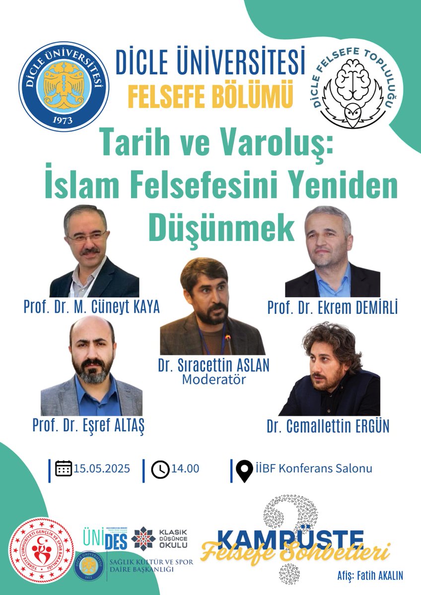 Felsefe Bölümü&amp;Felsefe Topluluğu olarak, 15 Mayıs'ta, Kampüste Felsefe Sohbetleri kapsamında, <a href="/mcnytky/">M. Cüneyt Kaya</a>,
<a href="/esref_altas/">Eşref Altaş</a>, Ekrem Demirli ve C. Ergün hocaları, "Tarih ve Varoluş: İslam Felsefesini Yeniden Düşünmek" adlı panelde ağırlıyoruz. 
İlgili dostların teşriflerini bekleriz.