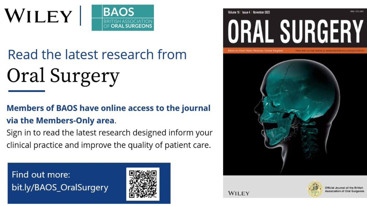 The latest edition of the Oral Surgery journal is now available! 

All BAOS members have free access to the journal, via the Wiley Online Library or the members area of the BAOS website! 📖

#OralSurgery #Dentist #Dentistry #BAOSUK #OMFS #Surgery #Teeth #Teaching #Learning
