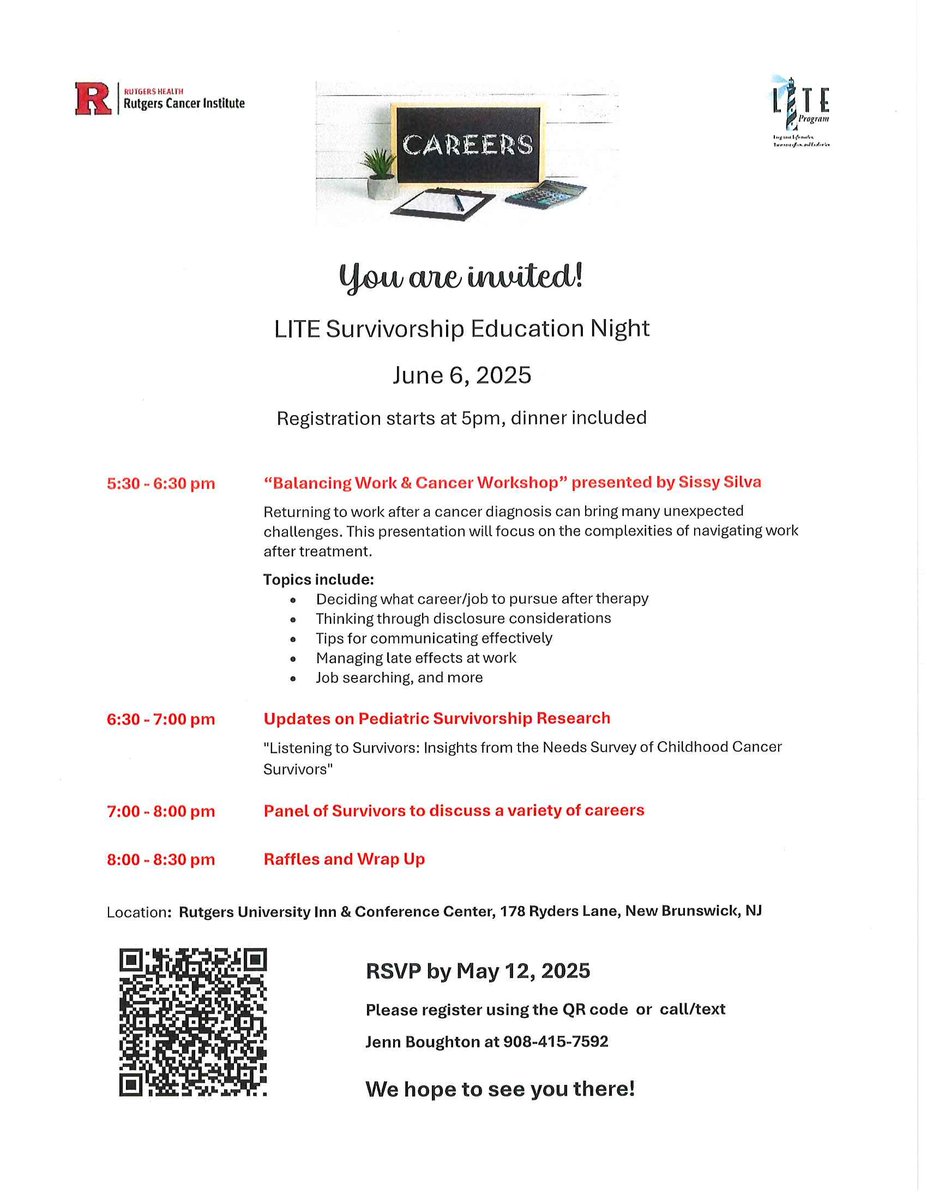 Rutgers Cancer Institute (@rutgerscancer) on Twitter photo Please join <a href="/RutgersCancer/">Rutgers Cancer Institute</a> for the LITE Survivorship Education night at 5pm on 6/6! Learn about balancing work and cancer, updates on pediatric research and hear from a panel of cancer survivors.
Register here ➡️ redc.cinj.rutgers.edu/redcap/surveys…
<a href="/RWJBarnabas/">RWJBarnabas</a> Please join <a href="/RutgersCancer/">Rutgers Cancer Institute</a> for the LITE Survivorship Education night at 5pm on 6/6! Learn about balancing work and cancer, updates on pediatric research and hear from a panel of cancer survivors.
Register here ➡️ redc.cinj.rutgers.edu/redcap/surveys…
<a href="/RWJBarnabas/">RWJBarnabas</a>