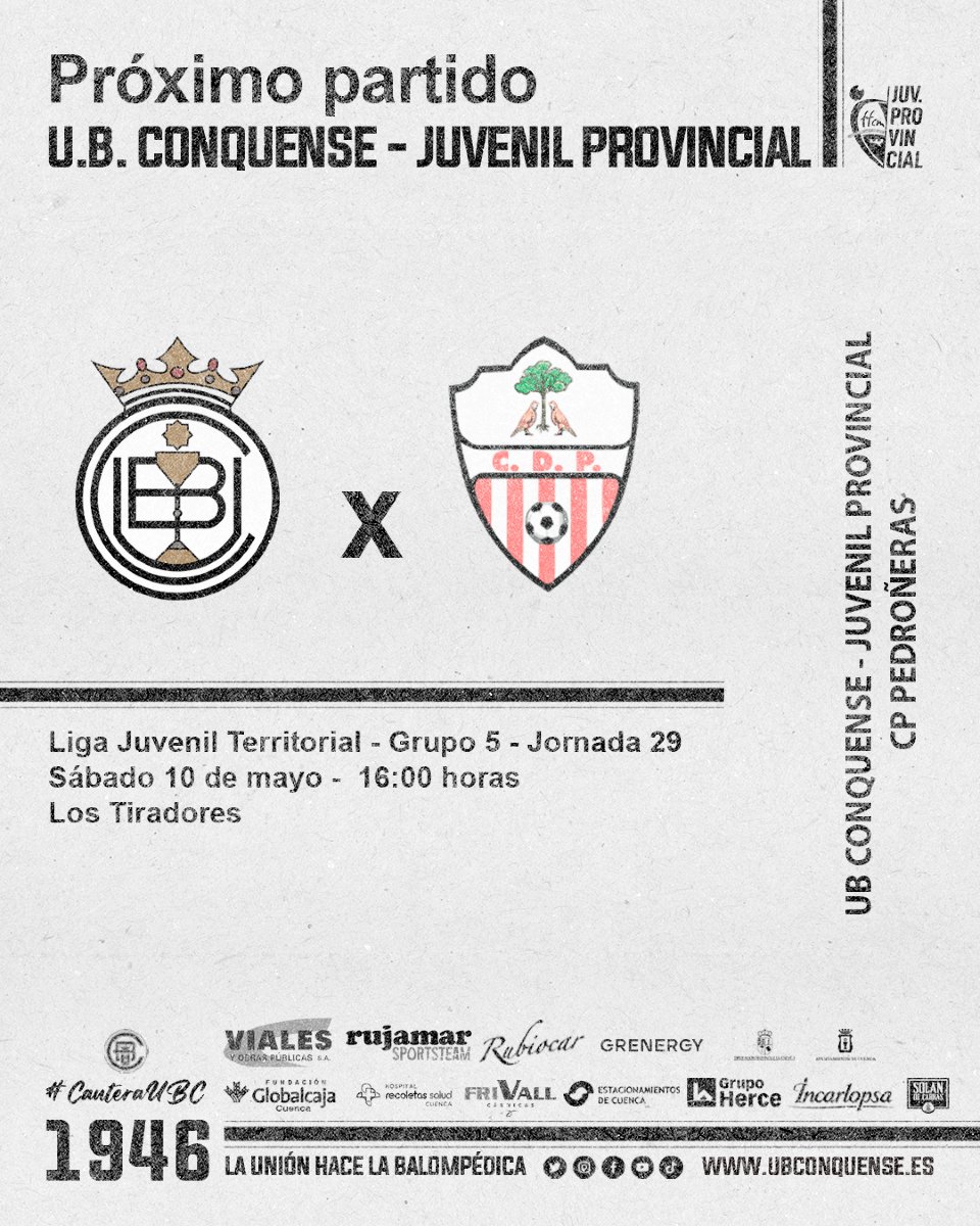 📢 #UBCJuvenilProvincial❗

¡Próximo partido de nuestros 🦁🦁🦁 del provincial!

🏆 #JuvenilTerritorial - Jornada 29
📆 Sábado 10 de mayo
⏰ 16:00h
🆚 CD Pedroñeras
🏟️ Los Tiradores

¡𝙑𝙖𝙢𝙤𝙨 𝘾𝙤𝙣𝙦𝙪𝙚𝙣𝙨𝙚! ⚪⚫ #CanteraUBC #Yosoybalompédico
