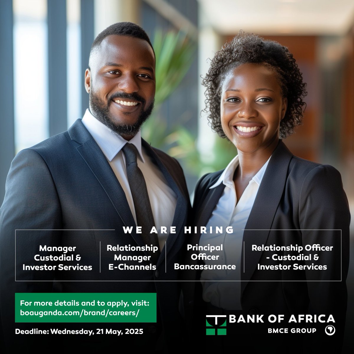 Evanco Consult (@evancohr) on Twitter photo Hiring <a href="/BankOfAfrica_Ug/">Bank of Africa, Uganda</a>
For details and job descriptions, visit boauganda.com/brand/careers/ Hiring <a href="/BankOfAfrica_Ug/">Bank of Africa, Uganda</a>
For details and job descriptions, visit boauganda.com/brand/careers/