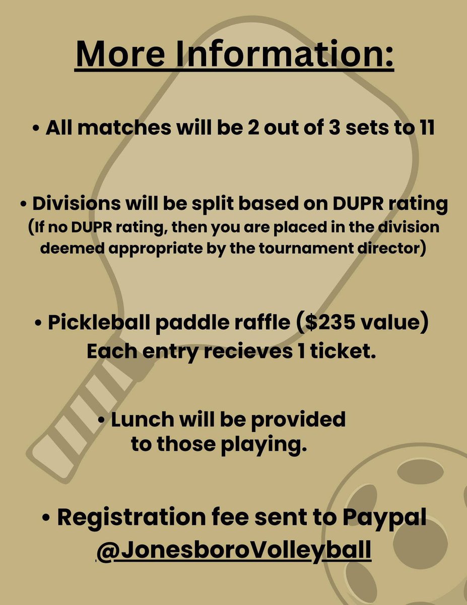 Jonesboro Volleyball (@jhs_hurricanevb) on Twitter photo Deadline is May 14th for our pickleball tournament!
Players will receive a T-shirt and lunch with registration fee. 
Only a few more days. Make sure you get signed up! ๐ฅณ๐คฉ Deadline is May 14th for our pickleball tournament!
Players will receive a T-shirt and lunch with registration fee. 
Only a few more days. Make sure you get signed up! ๐ฅณ๐คฉ
