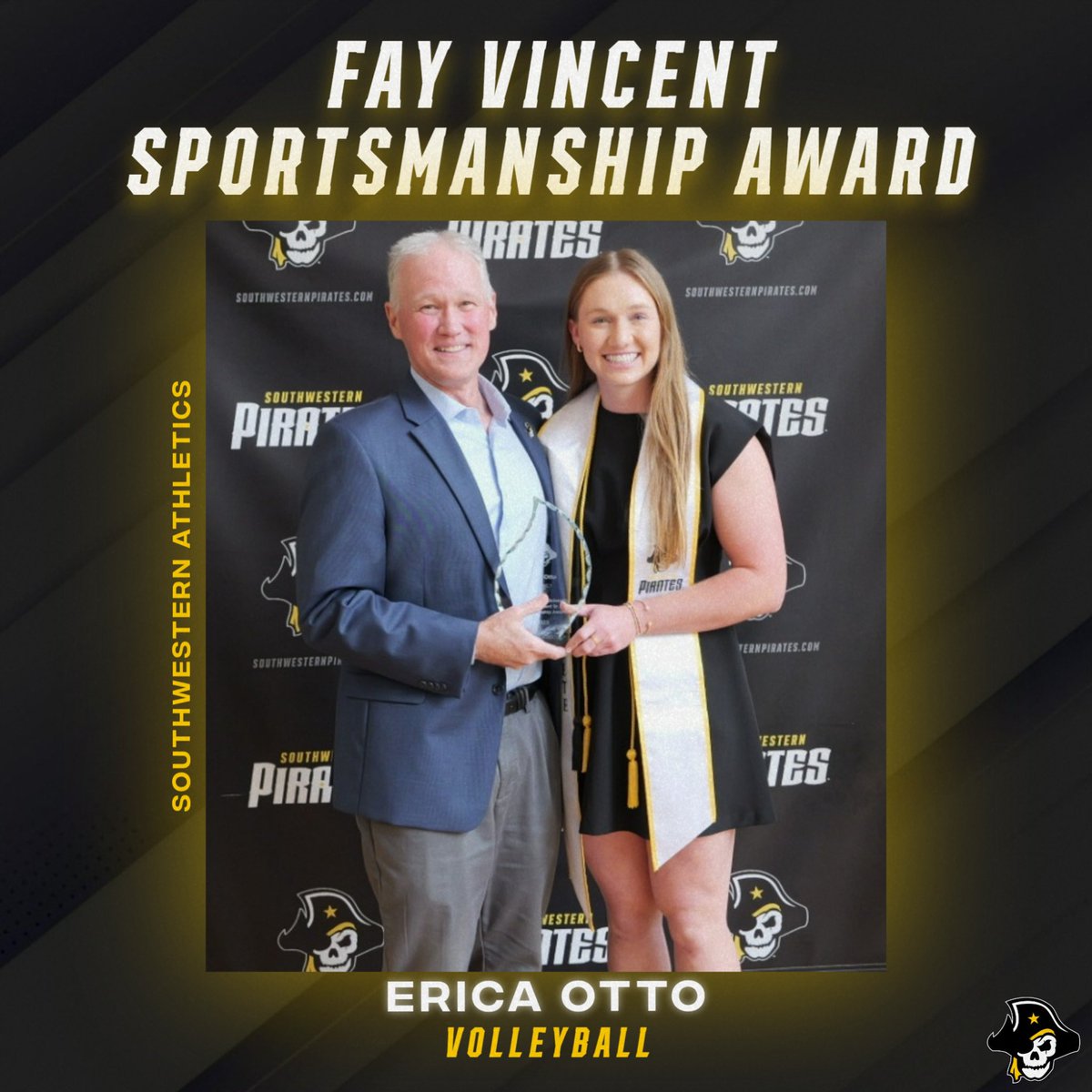 Congratulations to the Fay Vincent Sportsmanship Award recipients, Erica Otto &amp; Dugan Sexton!🏴‍☠️👏🏼

The Fay Vincent Sportsmanship Award is awarded to those who exhibit sportsmanship, maturity, leadership and character on and off the playing field!

<a href="/SUPiratesFB/">Southwestern FB</a>  <a href="/SUPiratesVB/">Southwestern VB</a>