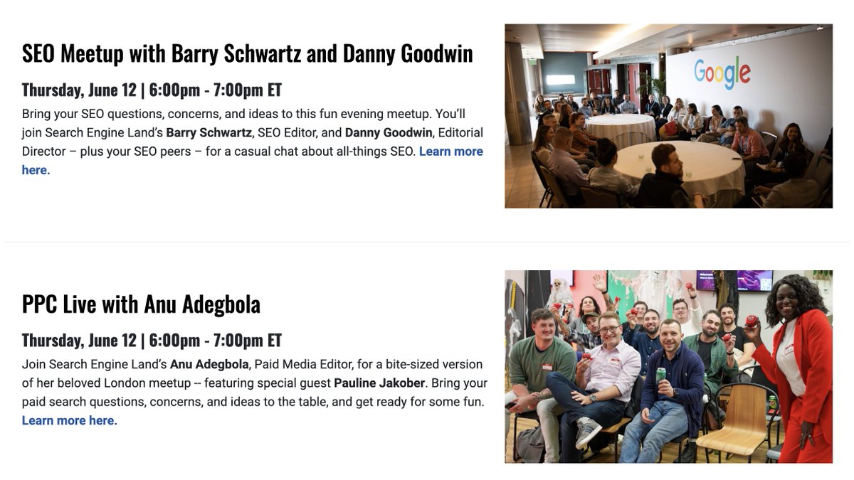 Check out the <a href="/smx/">Search Marketing Expo</a>  in person networking meet ups in Boston where you can meet up with me, <a href="/MrDannyGoodwin/">Danny Goodwin</a> <a href="/TheMarketingAnu/">Anu Adegbola aka PPC Live founder 🎙️🗣️</a> and others searchengineland.com/smx/advanced/n…