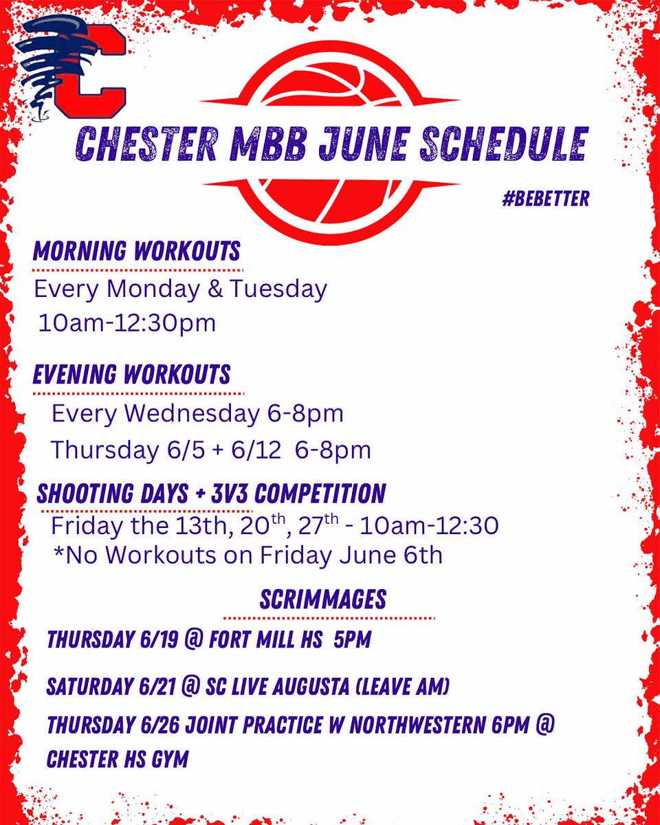 Summer Workouts are coming up!!

Interested in playing 🏀?? Use Link in bio and complete interest form

🗓️- Player meeting May 20th during School

🗓️- Meet the coach community event : May 20th 6pm

Best is The Standard
#bebetter