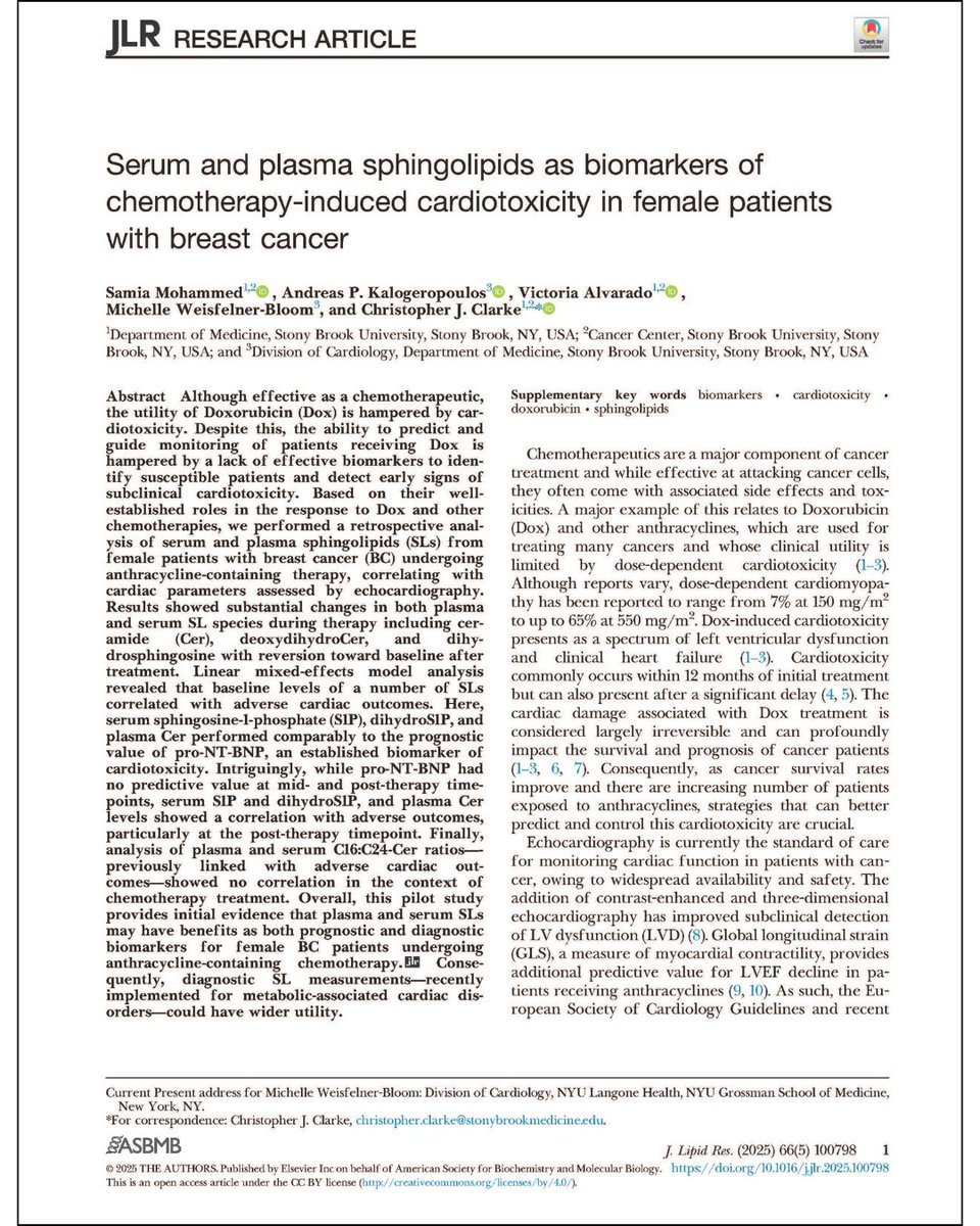 Stony Brook Department of Medicine (@sbudeptofmed) on Twitter photo "Serum and plasma sphingolipids as biomarkers of chemotherapy-induced cardiotoxicity in female patients with breast cancer" - congrats to Drs. Christopher Clarke and Andreas Kalogeropoulos <a href="/StonyBrookMed/">Stony Brook Medicine</a> on their recent paper in <a href="/jlipidres/">Journal of Lipid Research</a> "Serum and plasma sphingolipids as biomarkers of chemotherapy-induced cardiotoxicity in female patients with breast cancer" - congrats to Drs. Christopher Clarke and Andreas Kalogeropoulos <a href="/StonyBrookMed/">Stony Brook Medicine</a> on their recent paper in <a href="/jlipidres/">Journal of Lipid Research</a>