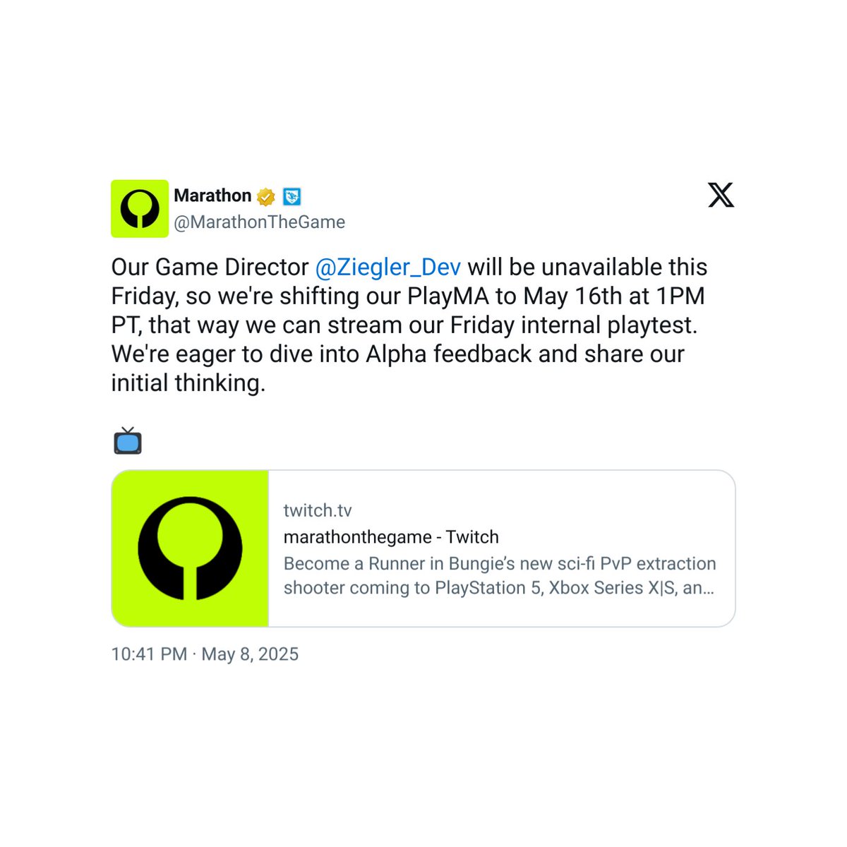 MarathonIntel's tweet image. Due to the Game Director's unavailability, the Marathon livestream has been rescheduled to May 16th at 1 PM PT.