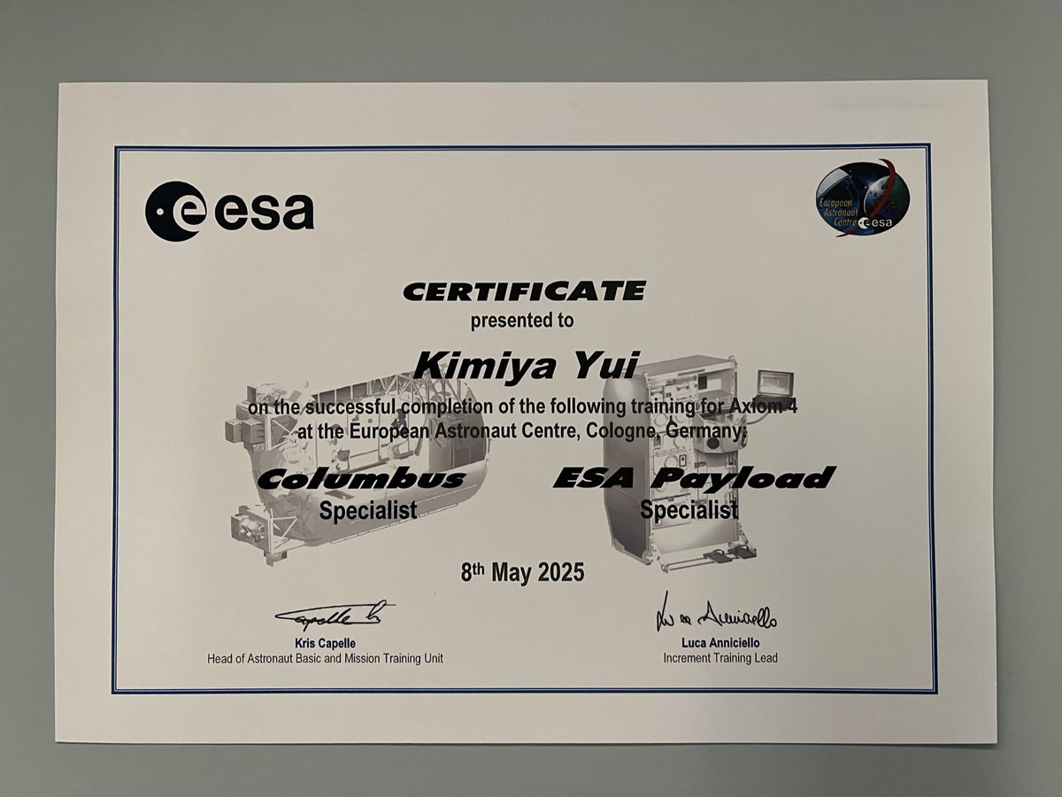 皆さん、こんばんは！
無事に、ESAでの訓練を終えました！
ESAの皆さんへもしっかり恩返しできる様に、ISSではしっかり仕事をしたいと思います。
明日は早起きして飛行機で米国へ向かいます。
時差調整もありますが、今回は久しぶりに土日の両日が休みなので少し楽しみです。