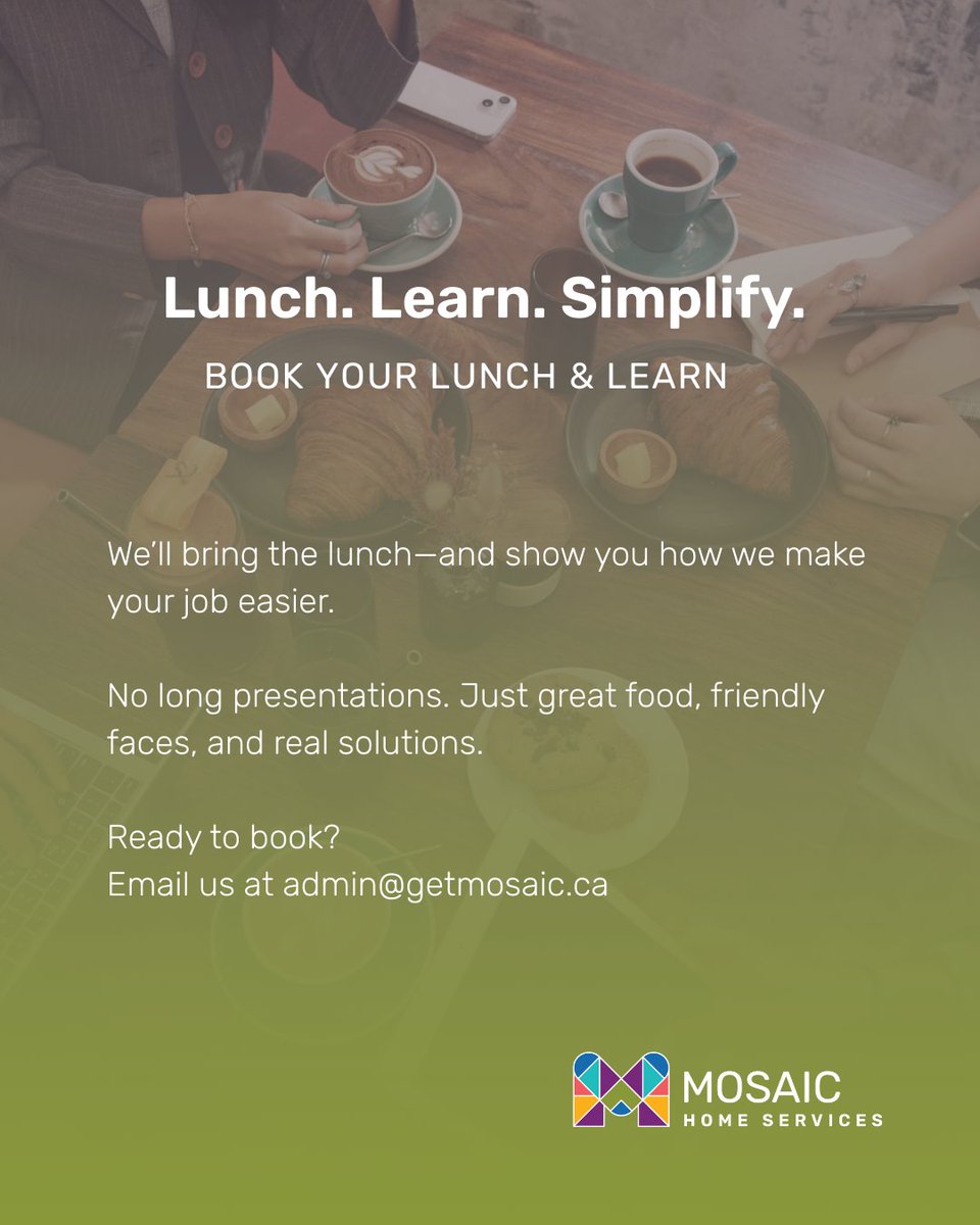 GetMosaicYeg's tweet image. Simplify Your Property Projects, All in One Place
We make it simple. Let's talk over lunch.
At Mosaic Home Services, our seven brands handle everything
.
📩 Book Your Lunch & Learn: admin@getmosaic.ca
Good food. Great people. Real solutions.