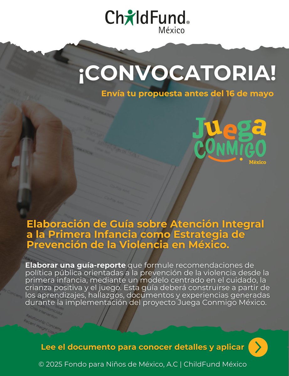 #Convocatoria #consultoria
Elaboración de Guía sobre Atención Integral a la Primera Infancia como Estrategia de Prevención de la Violencia en México.
Aplica antes del 16 de mayo 2025.

Leer más detalles: drive.google.com/file/d/1965WBe…
