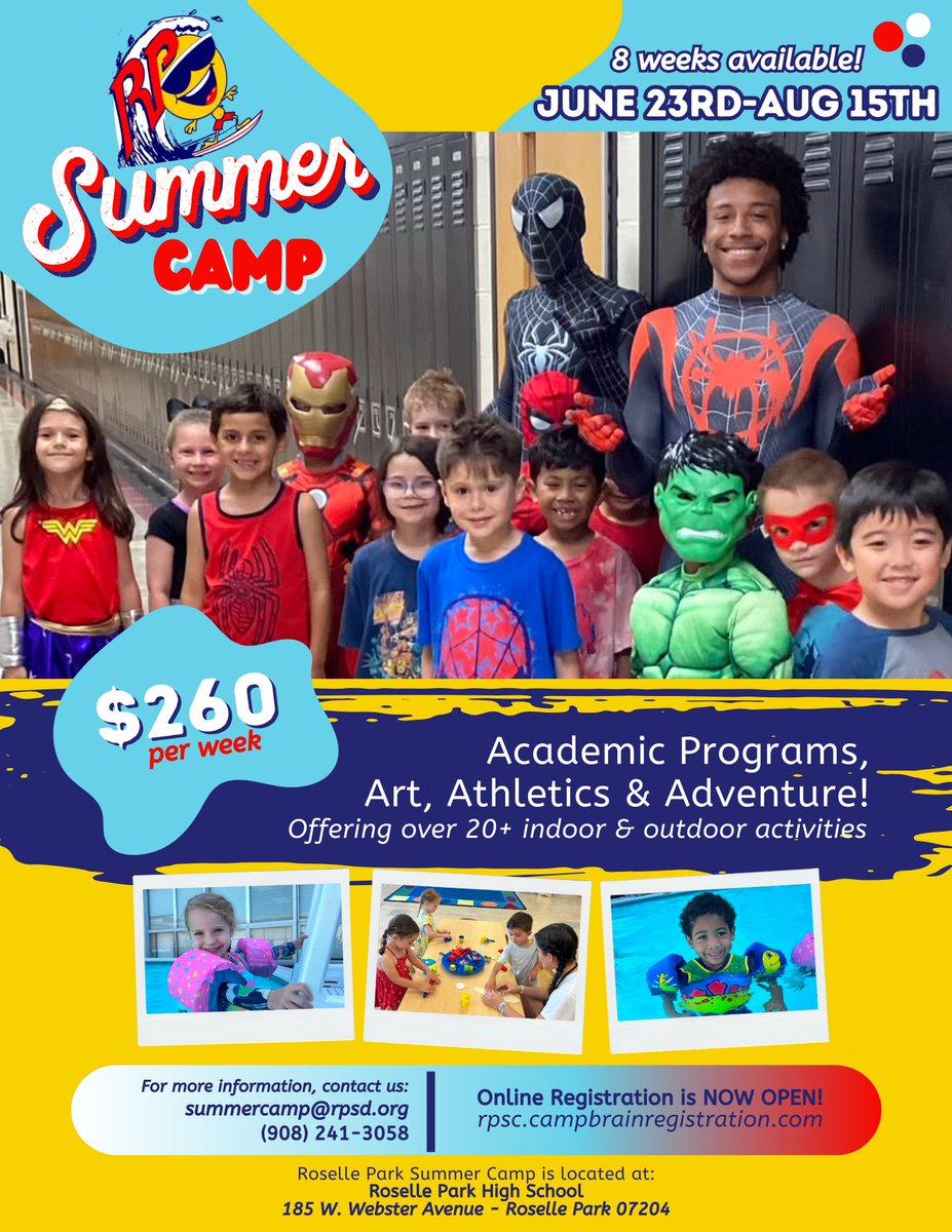 If you have not done so already, register today!!!

All information regarding prices, dates, times, and more can be found on the Summer Camp webpage on the Roselle Park School District website - rpsd.org/summercamp