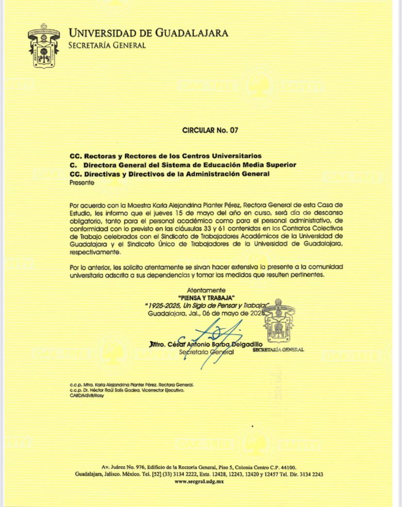 CesarBarbaD's tweet image. El próximo 15 de mayo es día de descanso obligatorio para la comunidad universitaria con motivo de la celebración del día de la maestra y el maestro