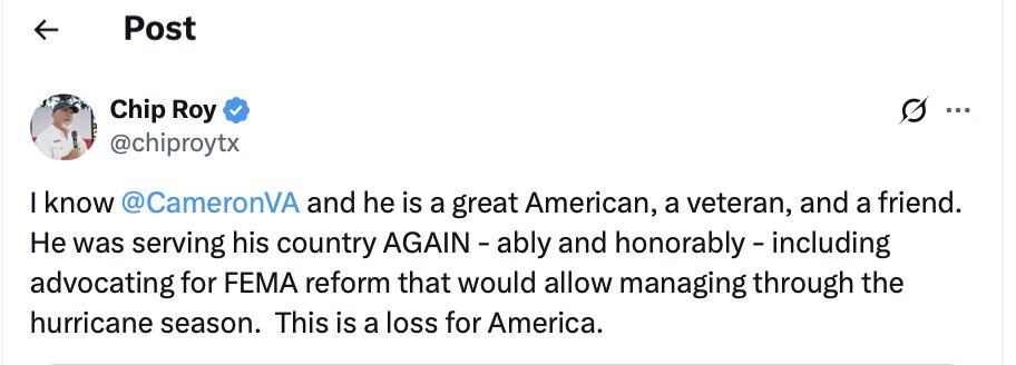 REACTION: Republican Chip Roy breaks with Trump administration and says its termination of FEMA leader <a href="/CameronVA/">Cameron Hamilton</a> "is a loss for America," particularly days before hurricane season starts.

<a href="/chiproytx/">Chip Roy</a>