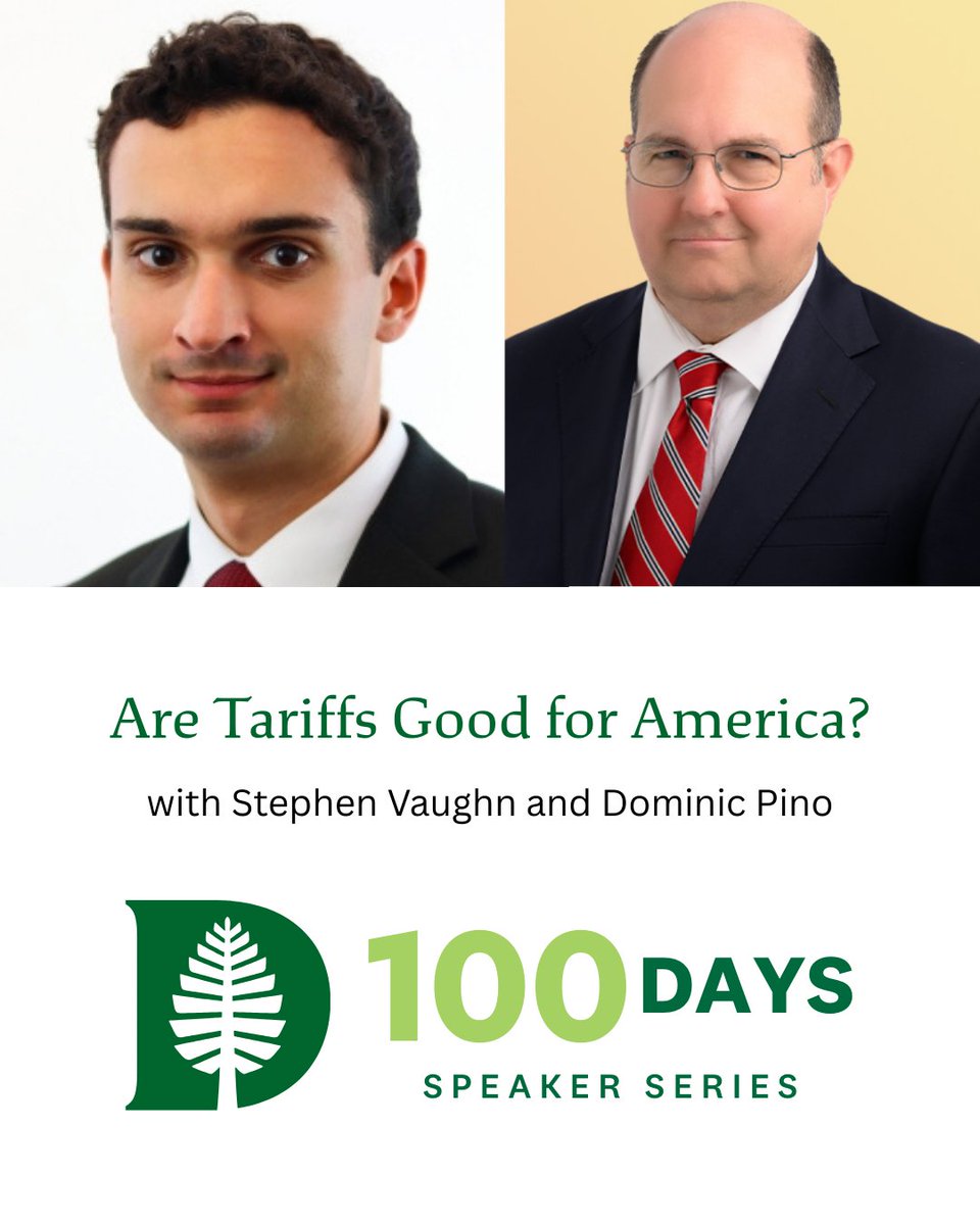 Rockefeller Center (@rockefellerctr) on Twitter photo Join a discussion on tariffs with <a href="/DominicJPino/">Dominic Pino</a> of the National Review and Stephen Vaughn of King & Spaulding, moderated by Professor Douglas Irwin.
5/15
5 pm – 6 pm
Filene Auditorium, Moore Building
Register: dartgo.org/100DaysTariffs
Livestream: dartgo.org/100DaysTariffs… Join a discussion on tariffs with <a href="/DominicJPino/">Dominic Pino</a> of the National Review and Stephen Vaughn of King & Spaulding, moderated by Professor Douglas Irwin.
5/15
5 pm – 6 pm
Filene Auditorium, Moore Building
Register: dartgo.org/100DaysTariffs
Livestream: dartgo.org/100DaysTariffs…