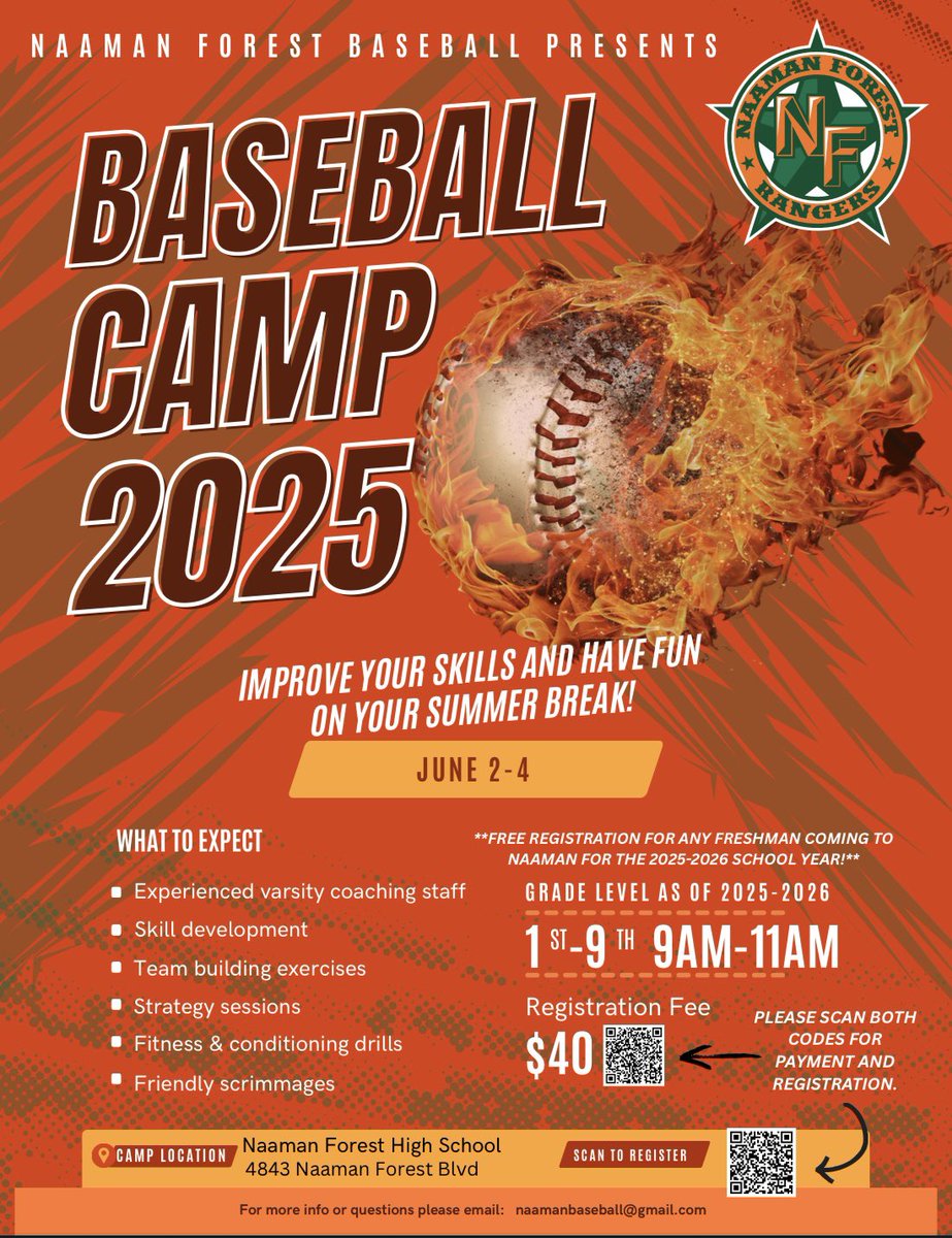 Rangers Summer Camp 2025 is official! June 2-4, 9-11am. All incoming Freshmen are free. Come meet your new Coaches and get ready for NF Rangers Baseball! 

Registration link: 
garlandisd.net/programs-servi…