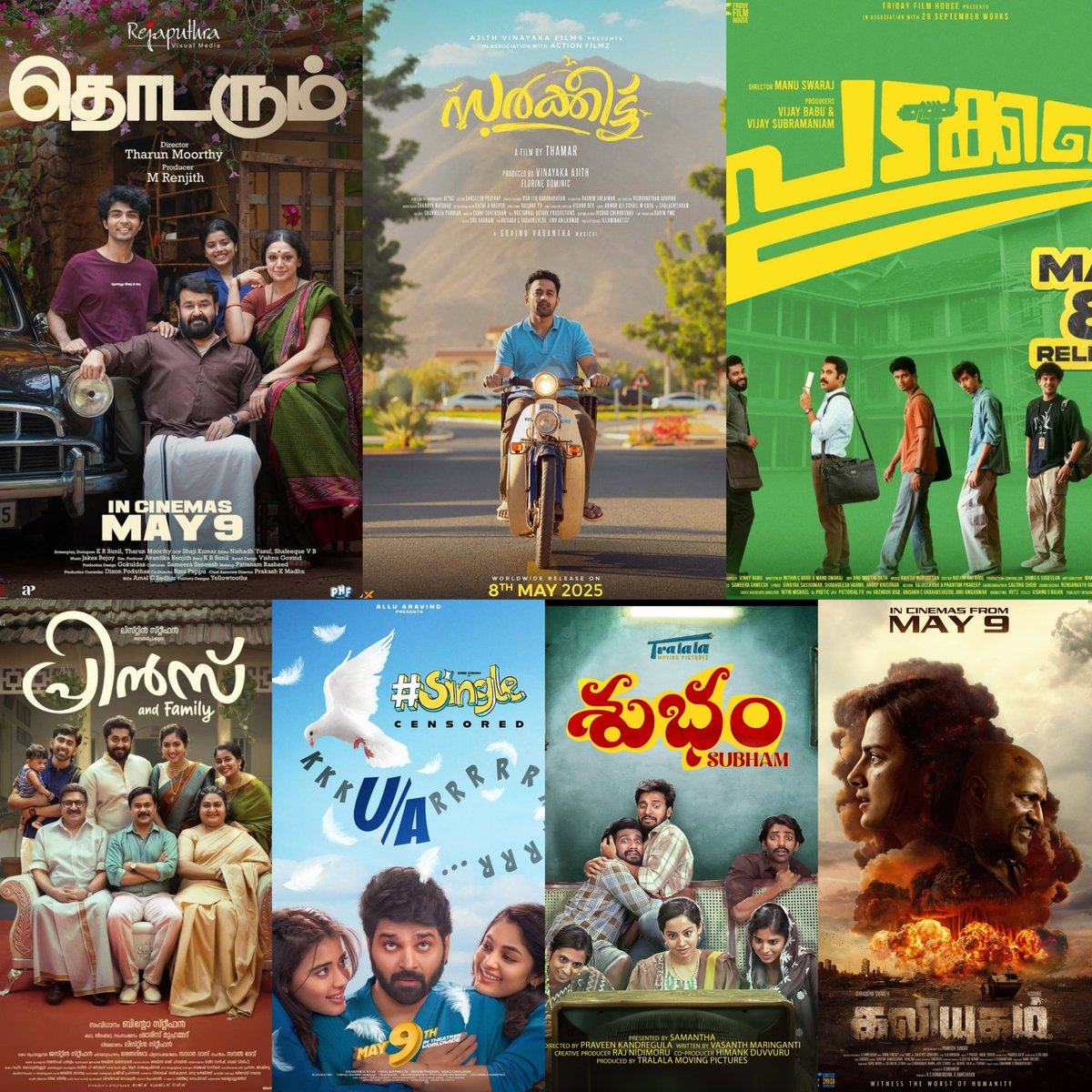 This Week Theatrical Releases 🎟 
May 8/9 🎥 

Malayalam :
#Sarkeet
#PrinceandFamily
#Padakkalam

Tamil :
#Thodarum
#Kaliyugam
#Gajaana
#Nizharkudai

Telugu :
#Single
#Subham
#BlindSpot
#JVAS (Re-Release)
