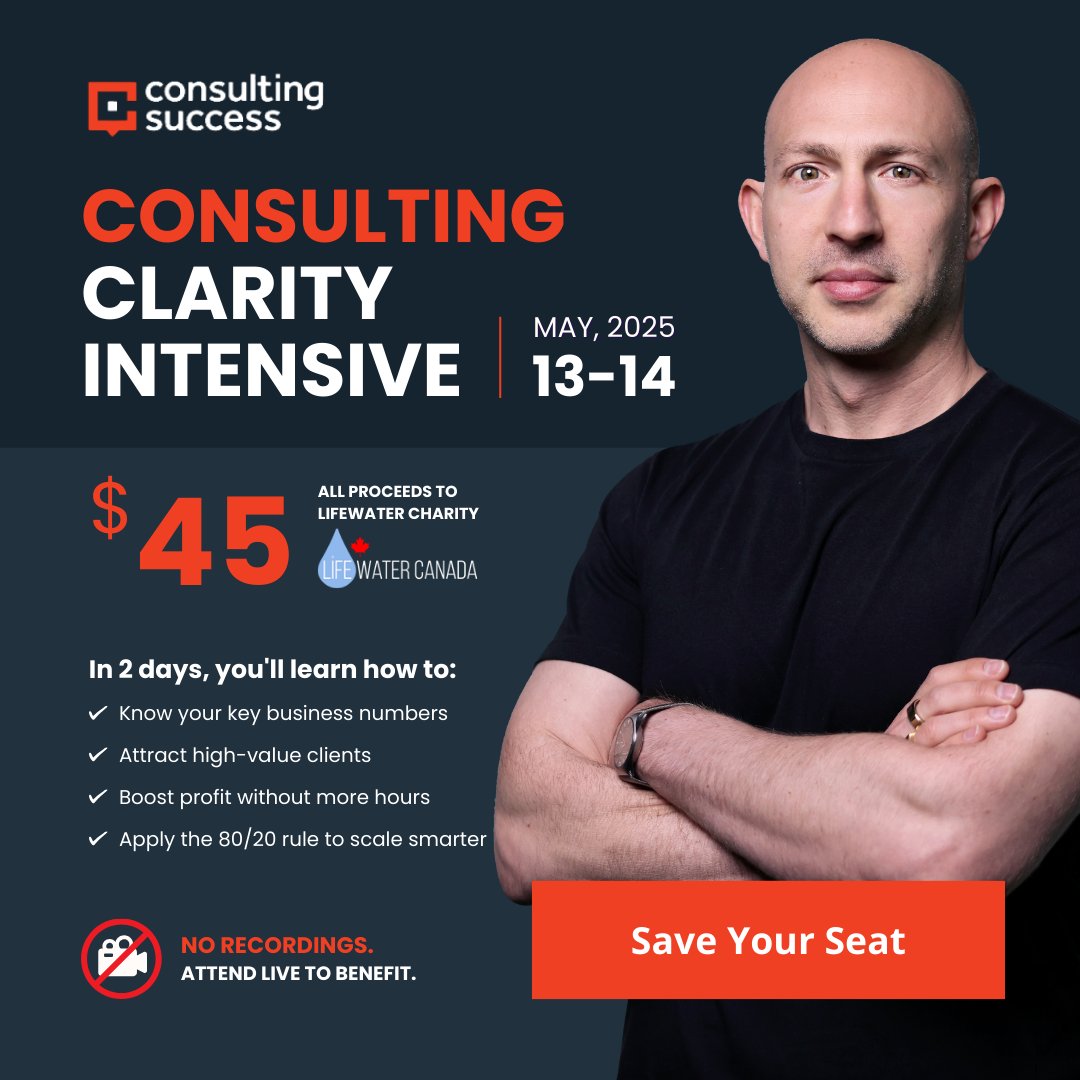 Consulting Success (@consultingbuzz) on Twitter photo Know your numbers or lose the game.
Learn the 4 key metrics every consultant needs to track at our Clarity Intensive (May 14-15).
Just $45 - all proceeds to <a href="/Lifewater/">Lifewater International</a> charity.
Register now: shorturl.at/tK9d3 Know your numbers or lose the game.
Learn the 4 key metrics every consultant needs to track at our Clarity Intensive (May 14-15).
Just $45 - all proceeds to <a href="/Lifewater/">Lifewater International</a> charity.
Register now: shorturl.at/tK9d3
