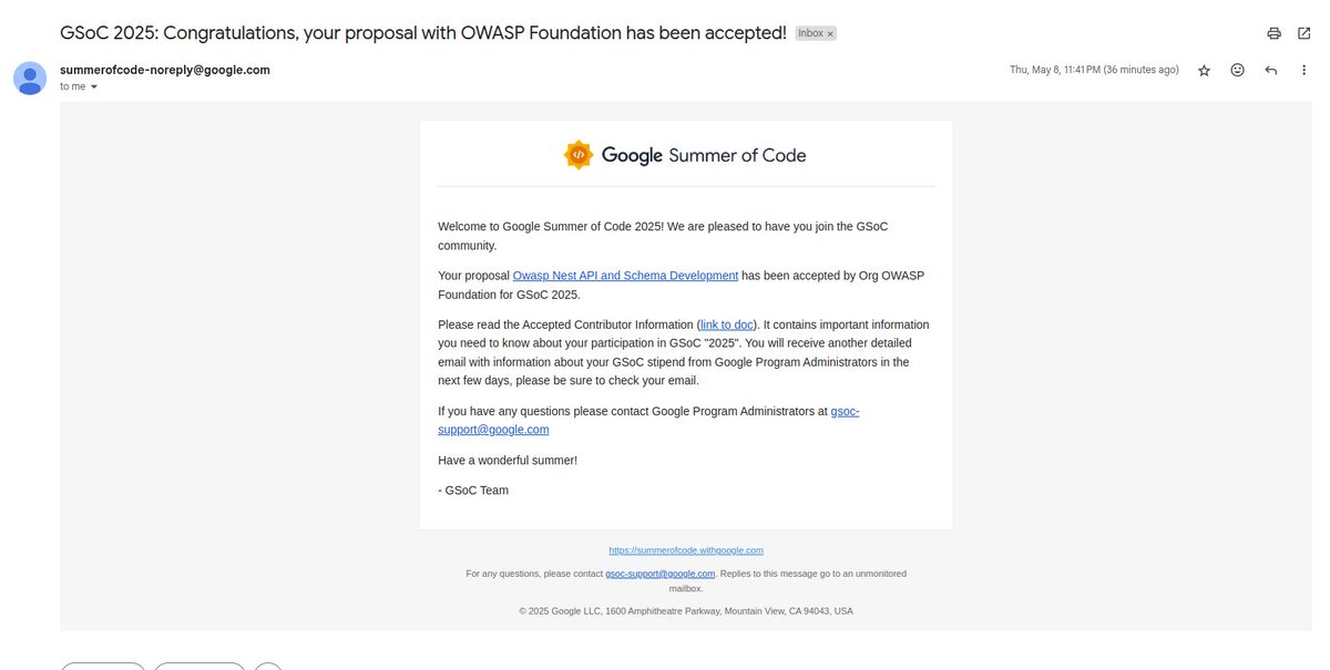 abhayytwt's tweet image. I’ve been selected for #GSoC 2025!
My proposal for the OWASP Foundation has been officially accepted.
Grateful to my mentors @kirat_tw, @striver_79, and the amazing @100xDevs community for support!
Special thanks to @kirat_tw
#googlesummerofcode #OpenSource #gsoc2025