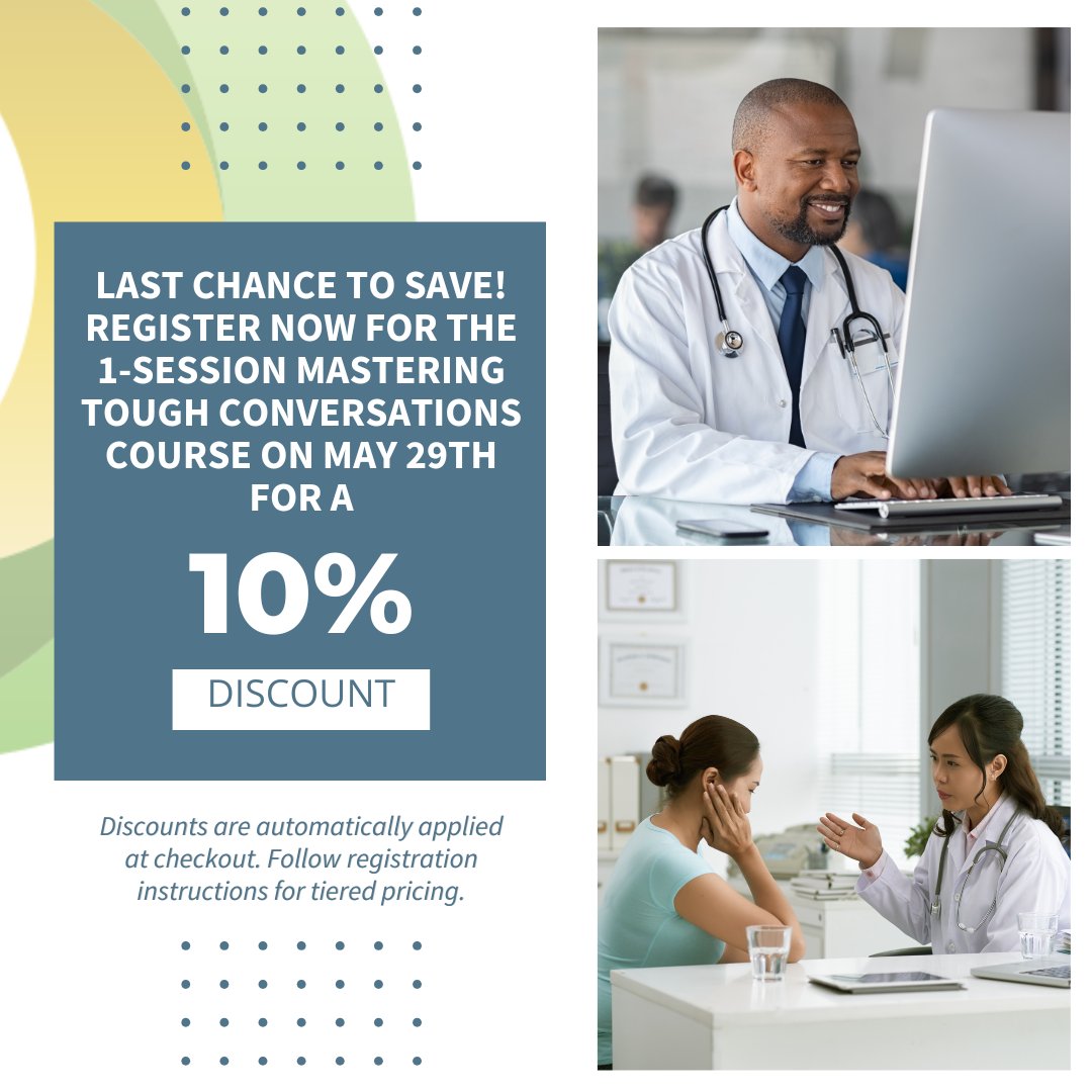 Take the next step in improving your communication skills and join us on May 29th for a single session Mastering Tough Conversations course - now available at a discounted rate! 
Enroll now before registration closes: courses.vitaltalk.org/courses/course…