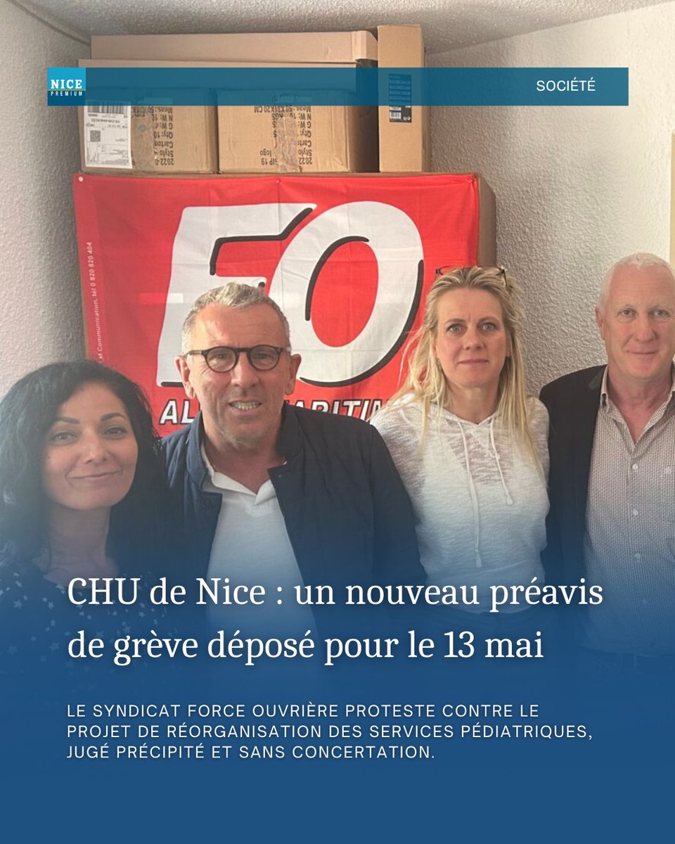 Un nouveau préavis de grève a été déposé ce jeudi par le syndicat Force Ouvrière du CHU de Nice. La mobilisation est prévue le lundi 13 mai, de 9 heures à 10 heures, sur le parvis de l’hôpital Lenval. 

À lire sur ↙️
nicepremium.fr/societe/chu-de…