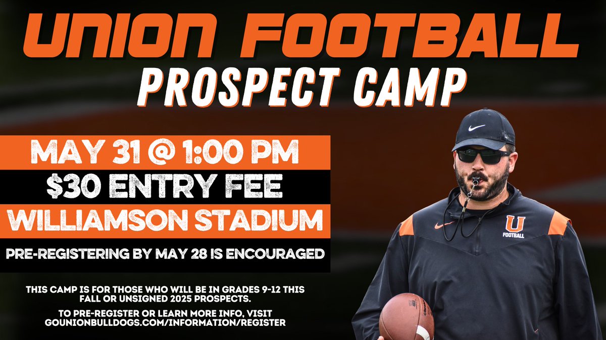 #UnionFootball is hosting a prospect camp on Saturday, May 31, for those who will be in grades 9-12 this fall or are an unsigned 2025 prospect.

#RepTheU | #TheRightWayToPlay

➡️➡️➡️ bit.ly/3St2SWK