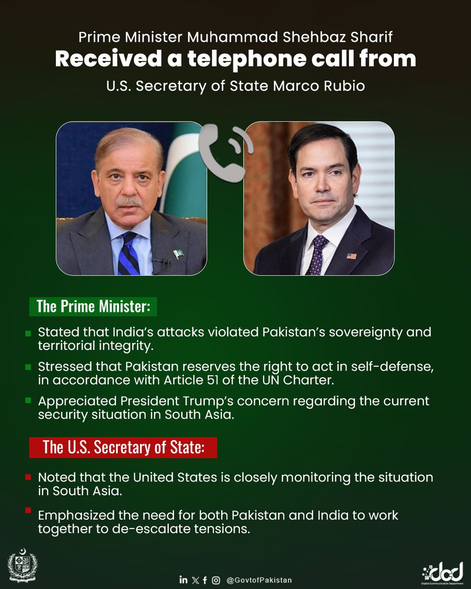 Prime Minister Muhammad Shehbaz Sharif received a telephone call from U.S. Secretary of State, Marco Rubio, this evening.

The Prime Minister stated that Pakistan strongly condemns India’s unprovoked aggression and reaffirms its unwavering resolve to defend its sovereignty and