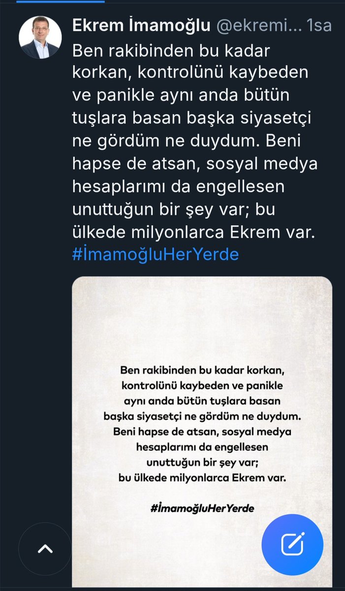 Ekrem İmamoğlu'ndan mesaj var
<a href="/ekrem_imamoglu/">Ekrem İmamoğlu</a> 
#hepimizekremimamoğluyuz