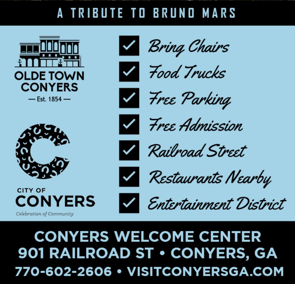Visit Conyers GA (@visitconyersga) on Twitter photo Second concert 🎵 in our series is this Saturday, May 10 in <a href="/OldeTownConyers/">OldeTownConyers</a>! Treat mom to 24 karat magic 🪄 at this Bruno Mars Tribute!
Event is 6-10 pm, rain or shine. Free parking & admission! Second concert 🎵 in our series is this Saturday, May 10 in <a href="/OldeTownConyers/">OldeTownConyers</a>! Treat mom to 24 karat magic 🪄 at this Bruno Mars Tribute!
Event is 6-10 pm, rain or shine. Free parking & admission!