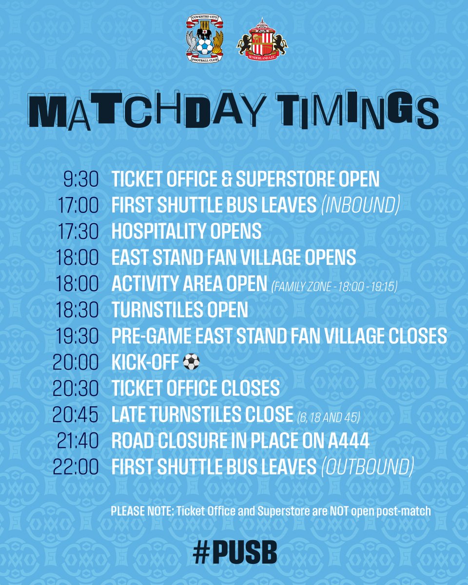 ccfcSSO's tweet image. Sky Blue Army! I hope you're ready for a fantastic day at the @CBSArena as we take on @SunderlandAFC in today's Play-Off Semi-Final! For all our important timings for this evening's fixture, please see below🩵 #PUSB