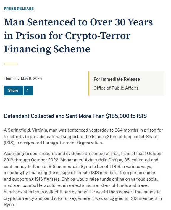 NEW: The DOJ announced the sentencing of Mohammed Azharuddin Chhipaman, who was living in Virginia, for funneling money to ISIS terrorists.

Mohammed sent over $185k to female ISIS members with crypto to raise funds for prison escapes, terrorist attacks, and ISIS fighters.

He