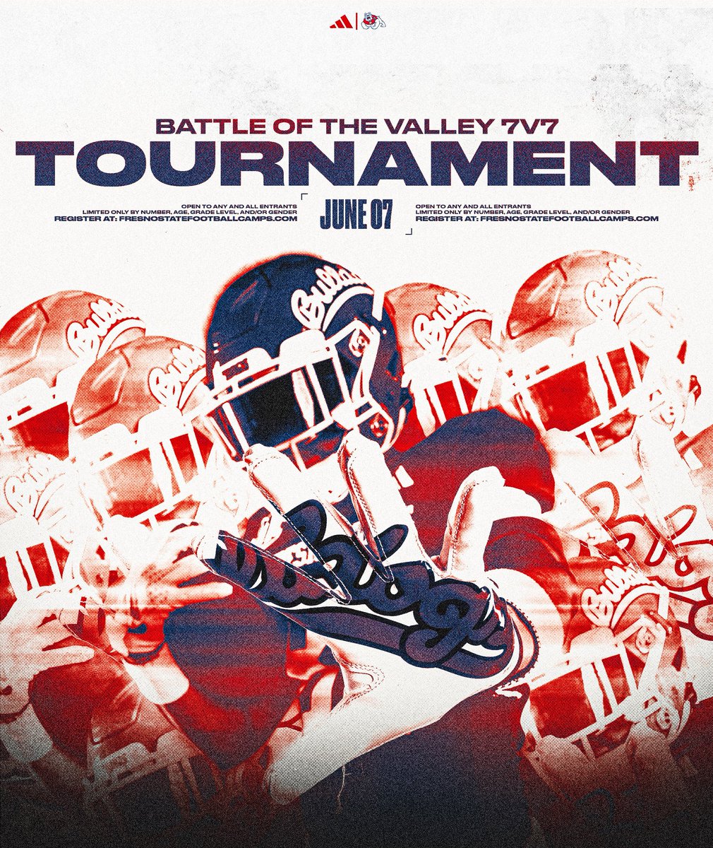 🚨🚨🚨🚨🚨🚨
Battle Of The Valley 7on7 Tourney🏆
(Limited Spots Available)

Coaches reach out for availability‼️📱

📆 June 7th

Sign Up ⬇️ 
FresnoStateFootballCamps.com

#BulldogBornBulldogBred #GoDogs🐶