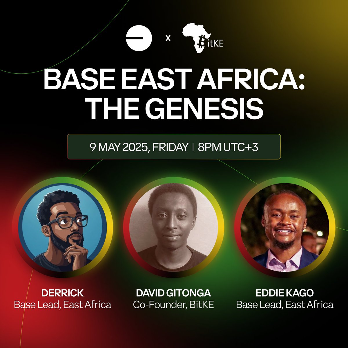 Based East Africa (@basedeastafrica) on Twitter photo It's official.
<a href="/BasedEastAfrica/">Base - East Africa</a>'s Genesis is here. 
We're going live with David from <a href="/BitcoinKE/">BitKE</a> diving into: 
- The vision for Base East Africa
- The opportunity for builders on <a href="/base/">Base</a> 
- The initiatives we're going to run to bring everyone onchain 
Tune in at 8pm tomorrow! It's official.
<a href="/BasedEastAfrica/">Base - East Africa</a>'s Genesis is here. 
We're going live with David from <a href="/BitcoinKE/">BitKE</a> diving into: 
- The vision for Base East Africa
- The opportunity for builders on <a href="/base/">Base</a> 
- The initiatives we're going to run to bring everyone onchain 
Tune in at 8pm tomorrow!
