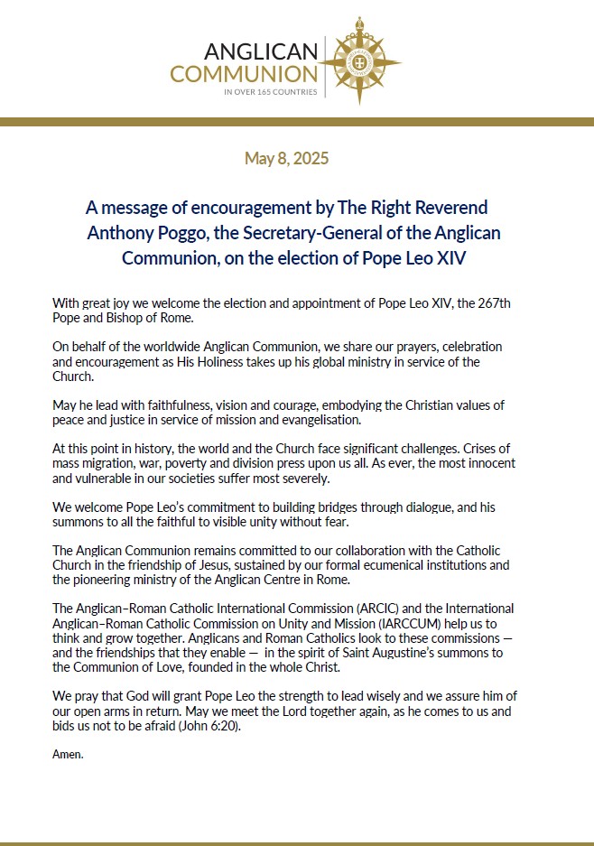 The Secretary General of the Anglican Communion, the Rt Revd Anthony Poggo, has shared a message of encouragement on the election of Pope Leo XIV.

Read the statement on Anglican News: bit.ly/3YDsHah