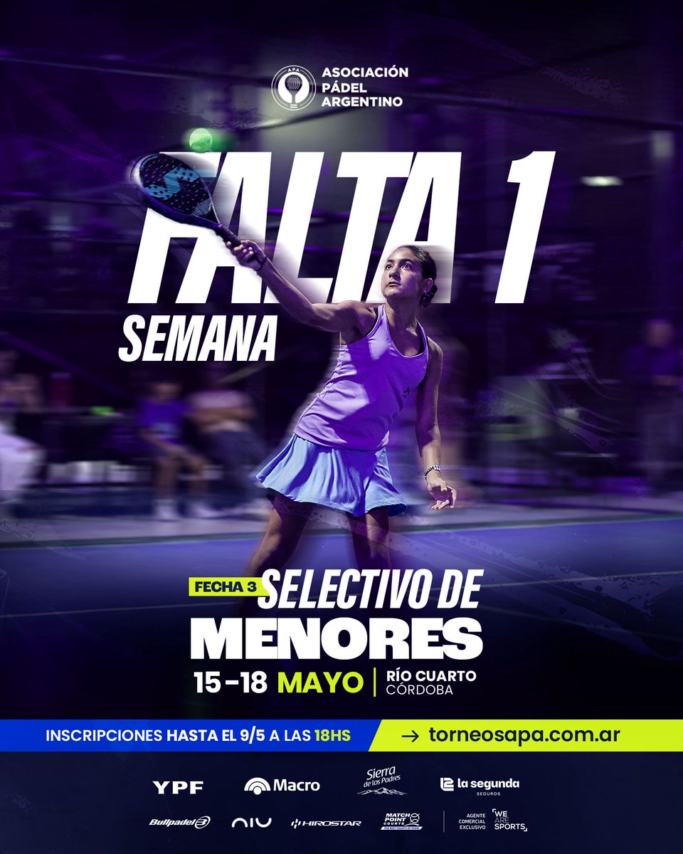 Falta una semana para la 3ª fecha en Río Cuarto, y todavía tienen tiempo de inscribirse hasta el viernes 9 a las 18 h.

¡No se queden afuera de #ElSemillero! 🫶

💻 torneosapa.com.ar
🗓️ 15 al 18 de mayo.
📍 Río Cuarto, Córdoba. 

#APA