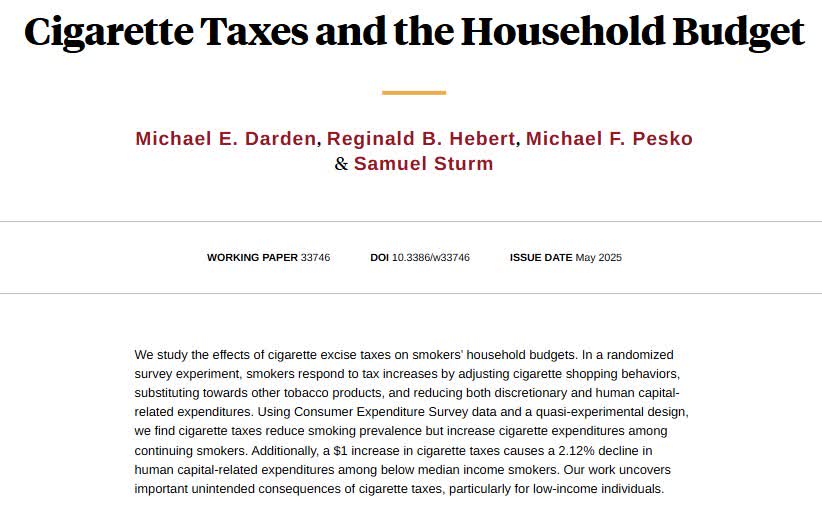 NBER (@nberpubs) on Twitter photo Cigarette taxes reduce smoking prevalence, but they also reduce expenditures on human capital investments, particularly among low-income smokers, from Michael E. Darden, Reginald B. Hebert, <a href="/mikepesko/">Michael F. Pesko 🇺🇸 🇺🇦</a>, and Samuel Sturm nber.org/papers/w33746 Cigarette taxes reduce smoking prevalence, but they also reduce expenditures on human capital investments, particularly among low-income smokers, from Michael E. Darden, Reginald B. Hebert, <a href="/mikepesko/">Michael F. Pesko 🇺🇸 🇺🇦</a>, and Samuel Sturm nber.org/papers/w33746