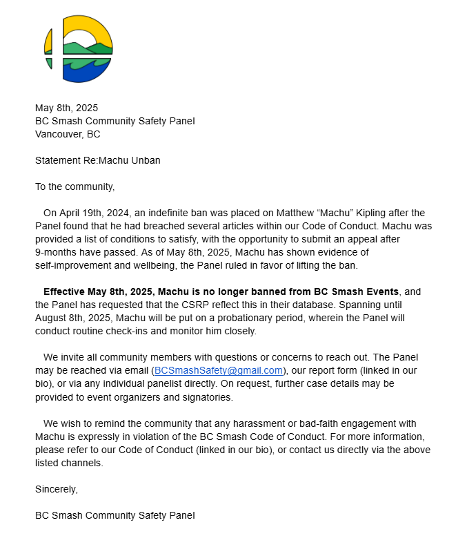 BCSmashSafety's tweet photo. Statement re:Machu Unban https://t.co/zgZKUlnrdn