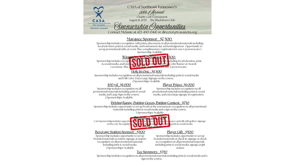 Golf. Give back. Make a difference. ⛳💙

CASA's 20th Annual Charity Golf Tournament brings our community together to support kids who need a voice. 

Be part of it: casanetn.org/news-events/ev…

#CharityGolfTournament #TheBlackthornClub #NortheastTennessee #JohnsonCity