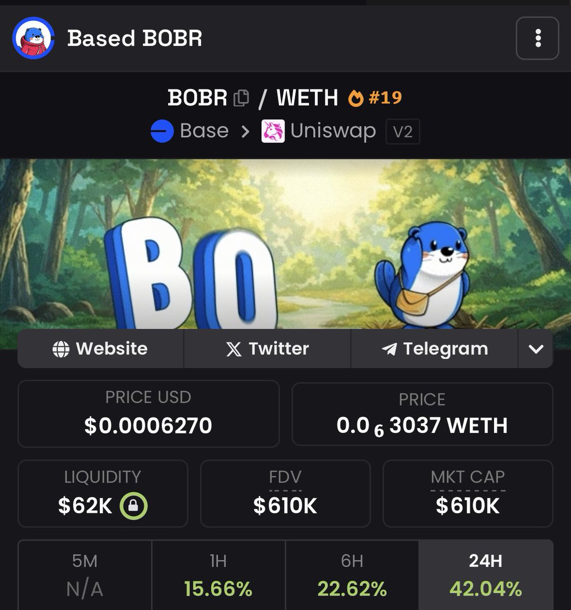 yourwifeETH's tweet image. Good thing I added more at 400k yesterday. $BOBR looks ready for another leg. The $BOBR army only grows strong by the day. Things are starting to look better and better for this beaver. 

@BasedBOBR