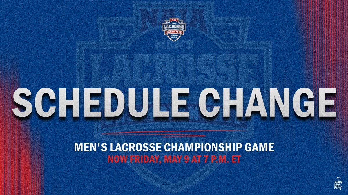 NAIA (@naia) on Twitter photo M🥍
The Inaugural #NAIAMLax Championship game has been moved up to Friday night at 7 p.m. ET due to the threat of severe weather in <a href="/SavannahSports/">SAV Sports Council</a>.
Check out the full release, and updated bracket. --> naia.prestosports.com/x/zxjo0 M🥍
The Inaugural #NAIAMLax Championship game has been moved up to Friday night at 7 p.m. ET due to the threat of severe weather in <a href="/SavannahSports/">SAV Sports Council</a>.
Check out the full release, and updated bracket. --> naia.prestosports.com/x/zxjo0
