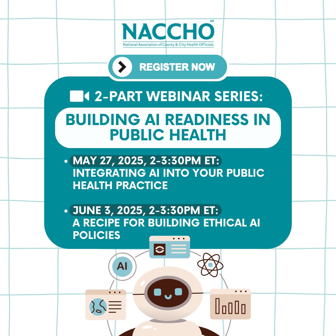 Join NACCHO for a 2-part webinar series on May 27 + June 3, 2-3:30pm ET, to learn more about how public health professionals can ethically and effectively integrate artificial intelligence into their work. Learn more and register today: naccho.org/blog/articles/…